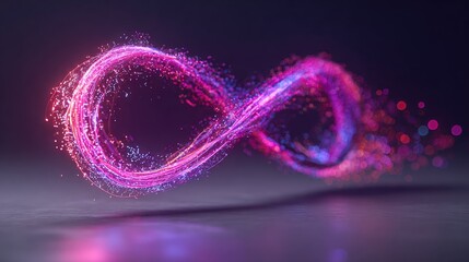 Dynamic Infinity Symbol Composed of Pink and Blue Particle Streams on Dark Background