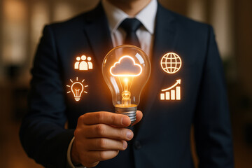 Cloud computing concept with light bulb and business icons held by businessman