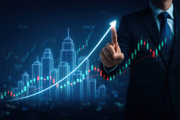 Businessman pointing at rising arrow with cityscape and stock market chart background