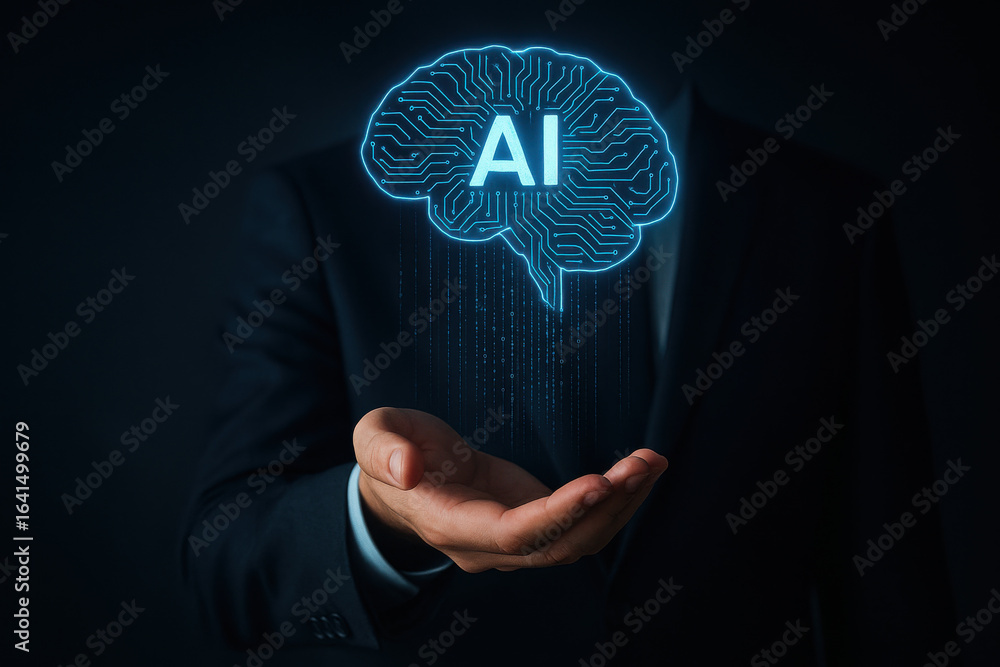 Poster artificial intelligence concept with glowing brain circuit hand, futuristic technology innovation