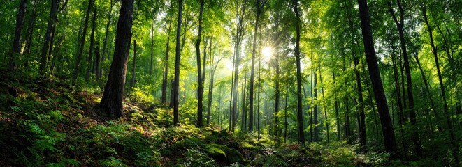 Fototapeta premium Sunlight streams through a dense, verdant forest. Lush greenery, towering trees, and dappled light create a serene woodland scene