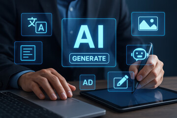 AI generate concept with digital tablet and laptop for creative technology