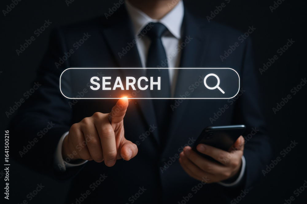 Poster businessman in suit using smartphone with search bar interface glowing on dark background