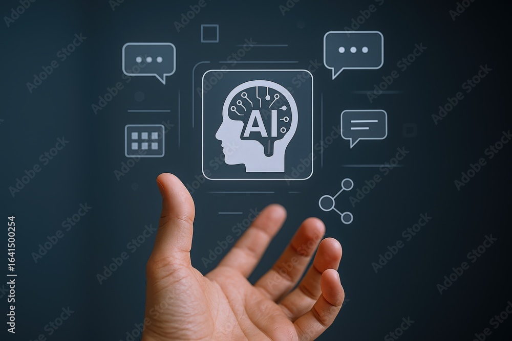 Poster ai integration concept: hand reaching for artificial intelligence icon with digital interface elemen