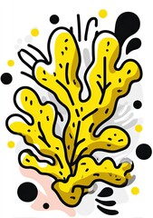 Naklejka premium Bold yellow stylized seaweed illustration on a white background with abstract shapes and color splashes