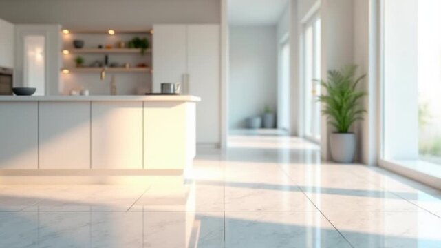 v&eacute;deo de cozinha branca moderna interior com piso branco porcelanato brilhante mockup	
