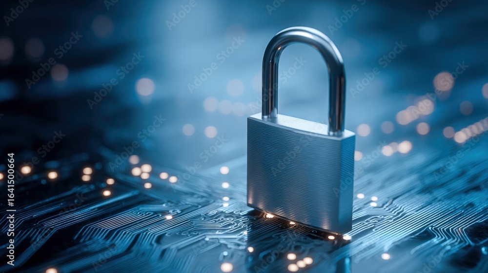 Poster security lock on digital circuit board illustrating cybersecurity, data protection and information t