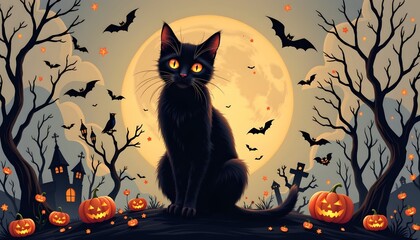 A Halloween themed illustration showcases a black cat sitting atop a gravestone within a spooky setting