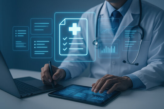 Medical data analysis with digital tablet and laptop by doctor in white coat