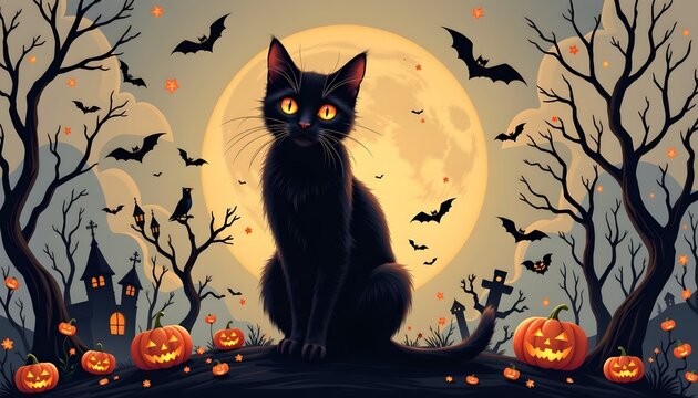 A Halloween themed illustration showcases a black cat sitting atop a gravestone within a spooky setting