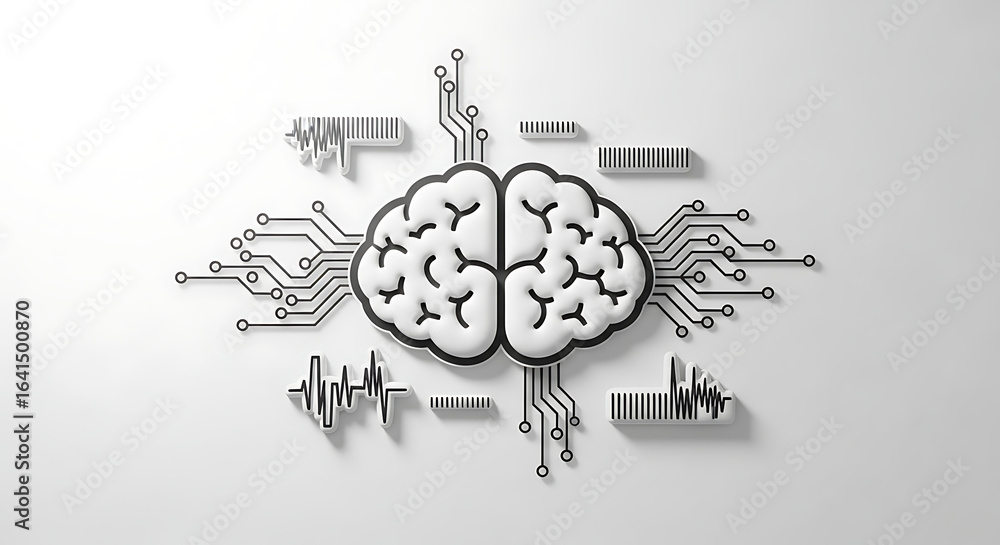 Poster human brain with circuit board and waveforms on a white background representing technology