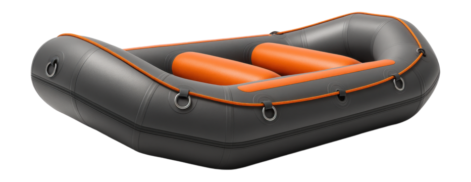 Three-person inflatable raft with integrated bailing plug and D-rings for gear attachment
