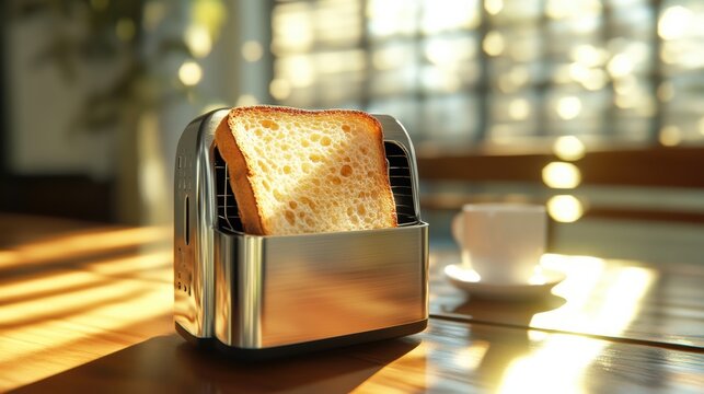 A shiny toaster with a slice of bread sits on a wooden table, bathed in warm sunlight, alongside a white cup.