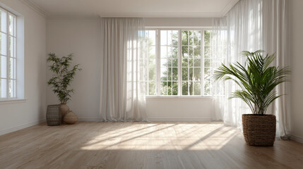 Bright, airy room with natural light streaming through windows, accentuating plants and wooden floor.