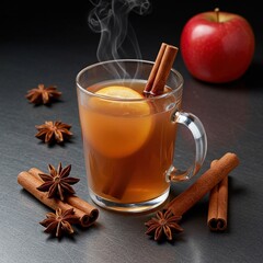 Exquisite Steaming Apple Cider Still Life with Cinnamon and Anise, 8k Masterpiece.