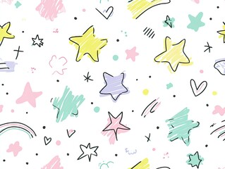 Whimsical, pastel-colored stars and shapes repeat pattern on a white background