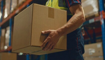 Warehouse worker carefully carries a cardboard box, focusing on logistics and delivery operations