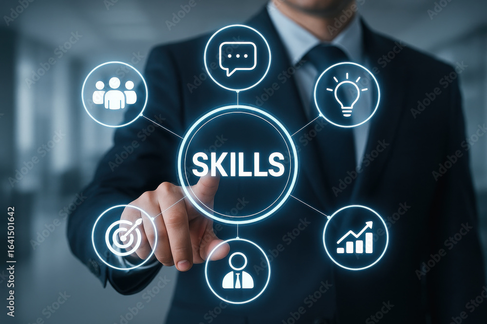 Poster skills concept with business person pointing virtual screen with icons of communication, idea