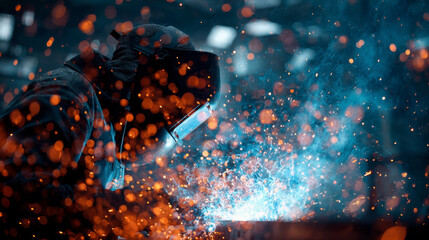 Industrial welding: sparks fly as a masked worker welds metal in a factory setting with safety gear.