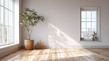 Sunlit room with wooden floors, a plant, and window views. Minimalist interior design with natural light.