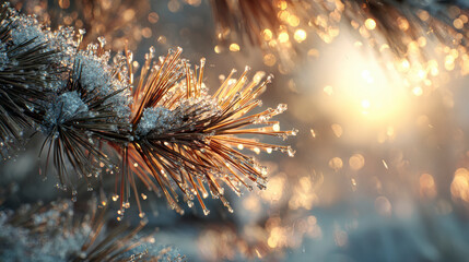 Snowy Pine Branch: A frosted pine bough sparkles with ice crystals in the soft, warm glow of sunlight.