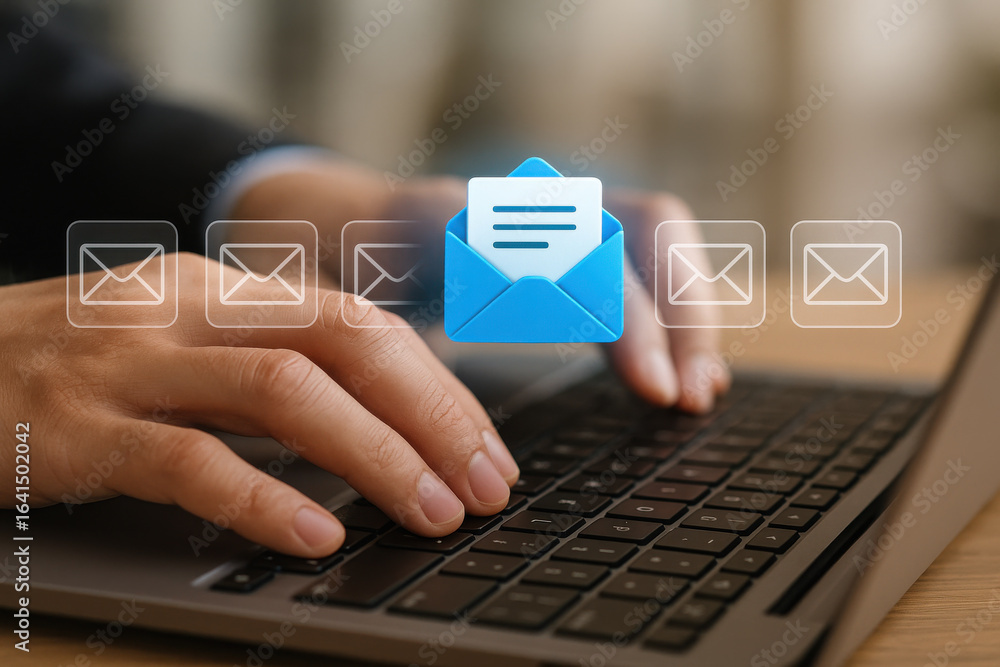 Poster email communication concept with hands typing on laptop keyboard and message icons