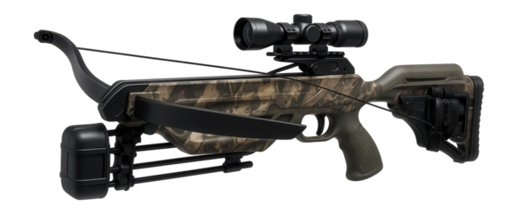 Recurve crossbow with a camouflage finish for hunting in wooded areas