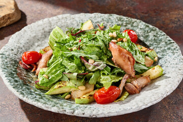 Duck salad with zucchini and tomatoes, bright lighting, overhead rustic ceramic plate