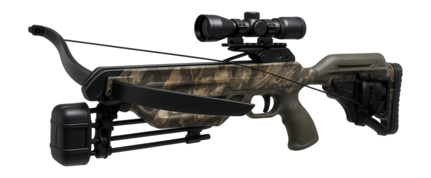 Recurve crossbow with a camouflage finish for hunting in wooded areas