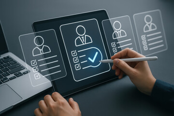 Digital recruitment process with checklist on tablet screen and hand holding stylus