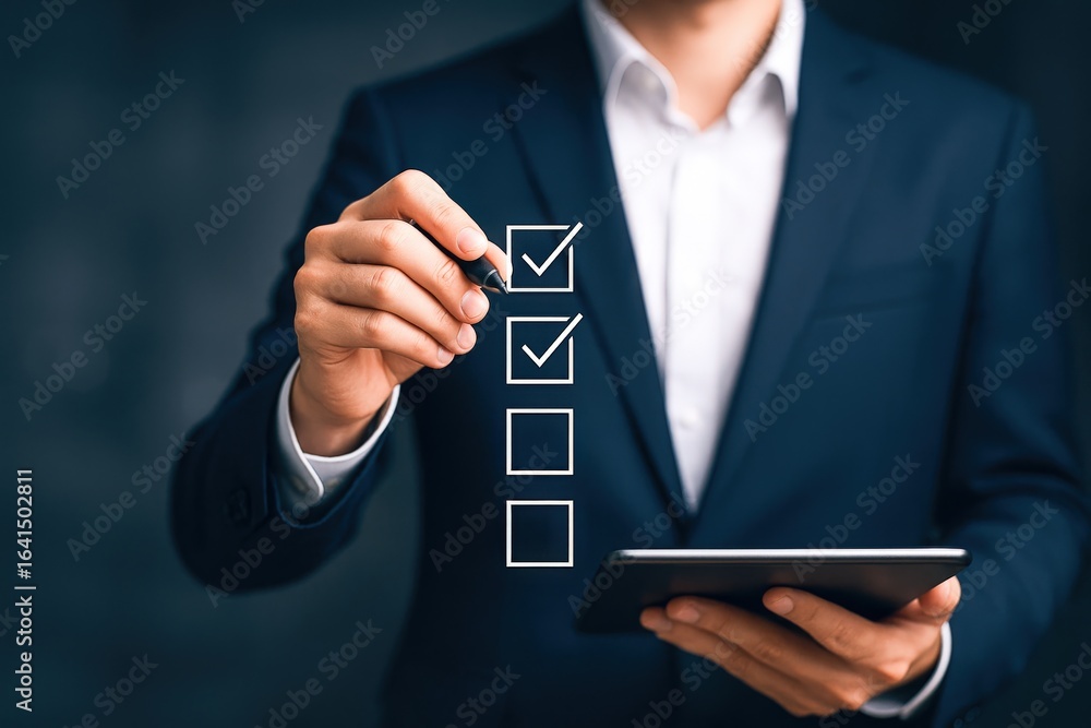 Poster business professional completing checklist on tablet interface with pen, indicating approval and tas