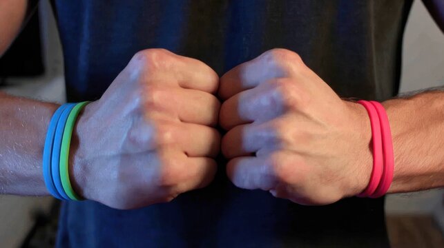 Close-up fists with colored wristbands