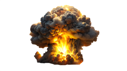 Photo of a powerful explosion with bright orange flames and dark smoke, isolated on transparent background