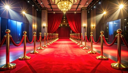 A glamorous red carpet entrance with elegant lighting and decor elements