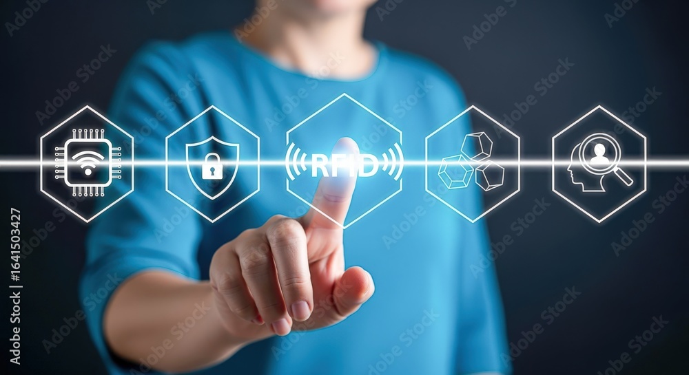 Poster person activating rfid technology on futuristic interface, showcasing security and automation concep