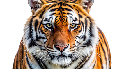 Fototapeta premium Photo of a striking closeup portrait of a bengal tigers face with intense eyes and distinctive orange and black stripes, isolated on a transparent background