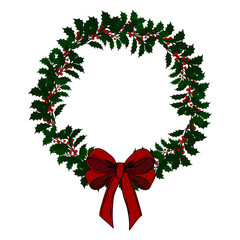 Christmas plant holly berries frame wreath and red bow. Winter seasonal decoration plant with green leaves. Xmas and New Year element collection 