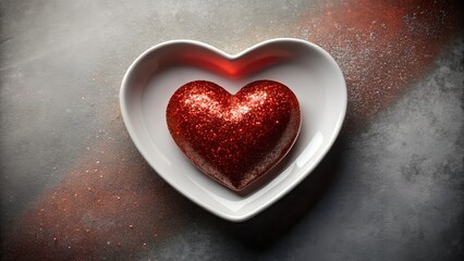Obraz premium Photo of a sparkling red heart sits in a white heartshaped dish, symbolizing love and romance on a textured background
