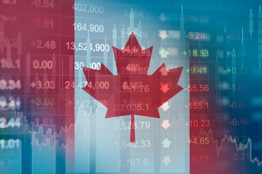 Canada flag with stock market finance, economy trend graph digital technology.