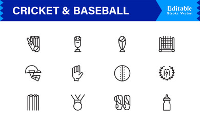 Cricket and Baseball Sports Line Icon Set – Professional, Modern, Minimal, and Pixel Perfect Vector Symbols