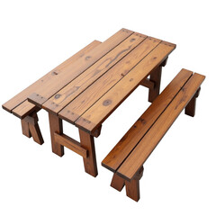 Rustic wooden picnic table and bench isolated against a transparent background