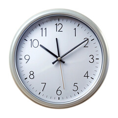 Silver wall clock showing precise time on white face against black background