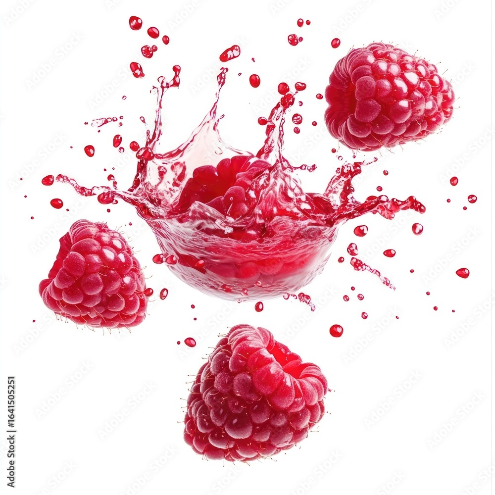 Poster exploding raspberry raspberries splash fruit.