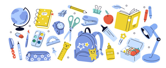 Back to school supplies set. School stationery collection. Backpack, book, notebook, pen, globe and other educational elements. Modern cartoon concept. Vector illustration. © Irina Strelnikova
