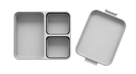 Grey plastic lunch box with three compartments and separate lid, isolated on transparent background