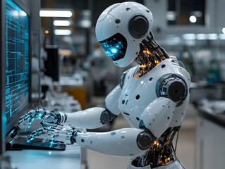 Humanoid robot typing intently, glowing eyes focused on complex code, working within sleek laboratory environment featuring advanced technological infrastructure