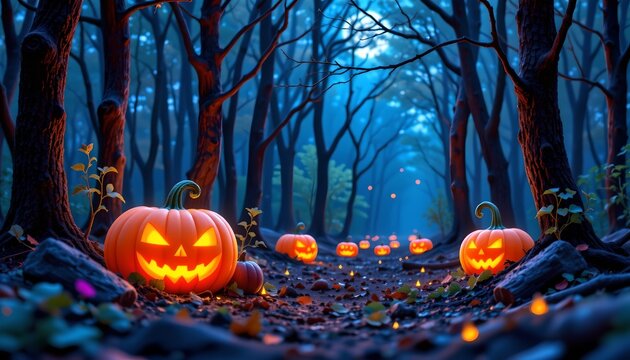 An enchanting Halloween themed scene with illuminated jack o' lanterns along a forest path flanked by trees, under a starless sky that's transitioning into the glow of dawn.