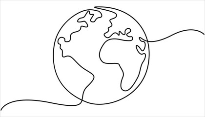 Continuous one line art drawing of earth planet, Globe, geography vector outline, Globe in one line style, World map with curve line. Linear globe symbol. 