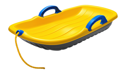 Yellow plastic sled with a ribbed underside and rope pull for backyard fun