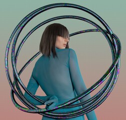 Female model with colorful hoops in abstract pose.